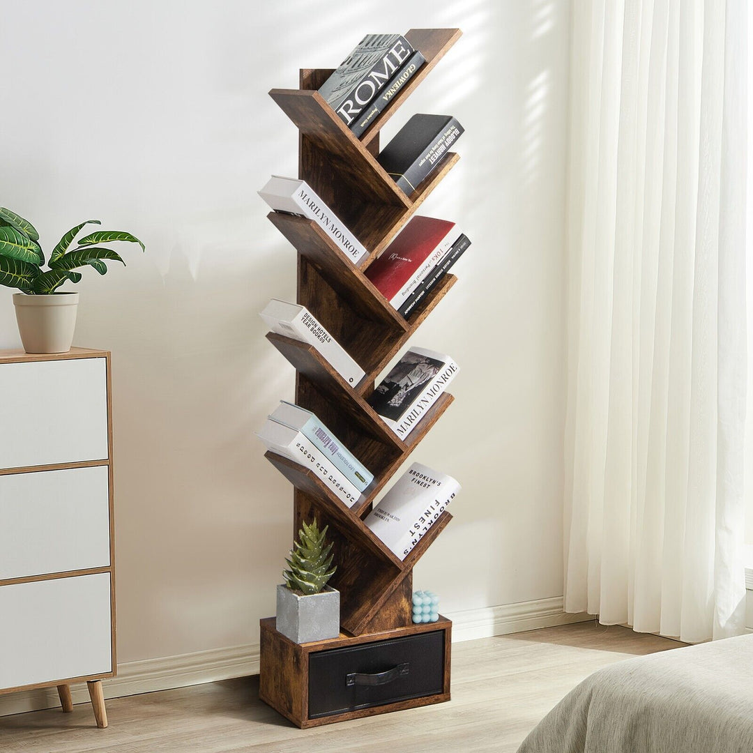 Freestanding Tree Bookshelf with Drawer-Rustic Brown