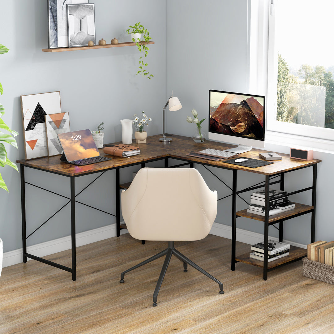 Wooden Industrial L-Shaped Desk with Storage Shelves-Rustic Brown