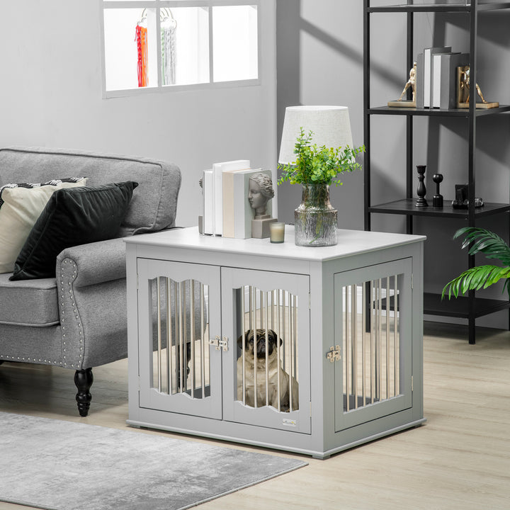 PawHut Dog Crate End Table with Three Doors, Furniture Style Dog Crate for Medium Dogs with Locks & Latches, Grey