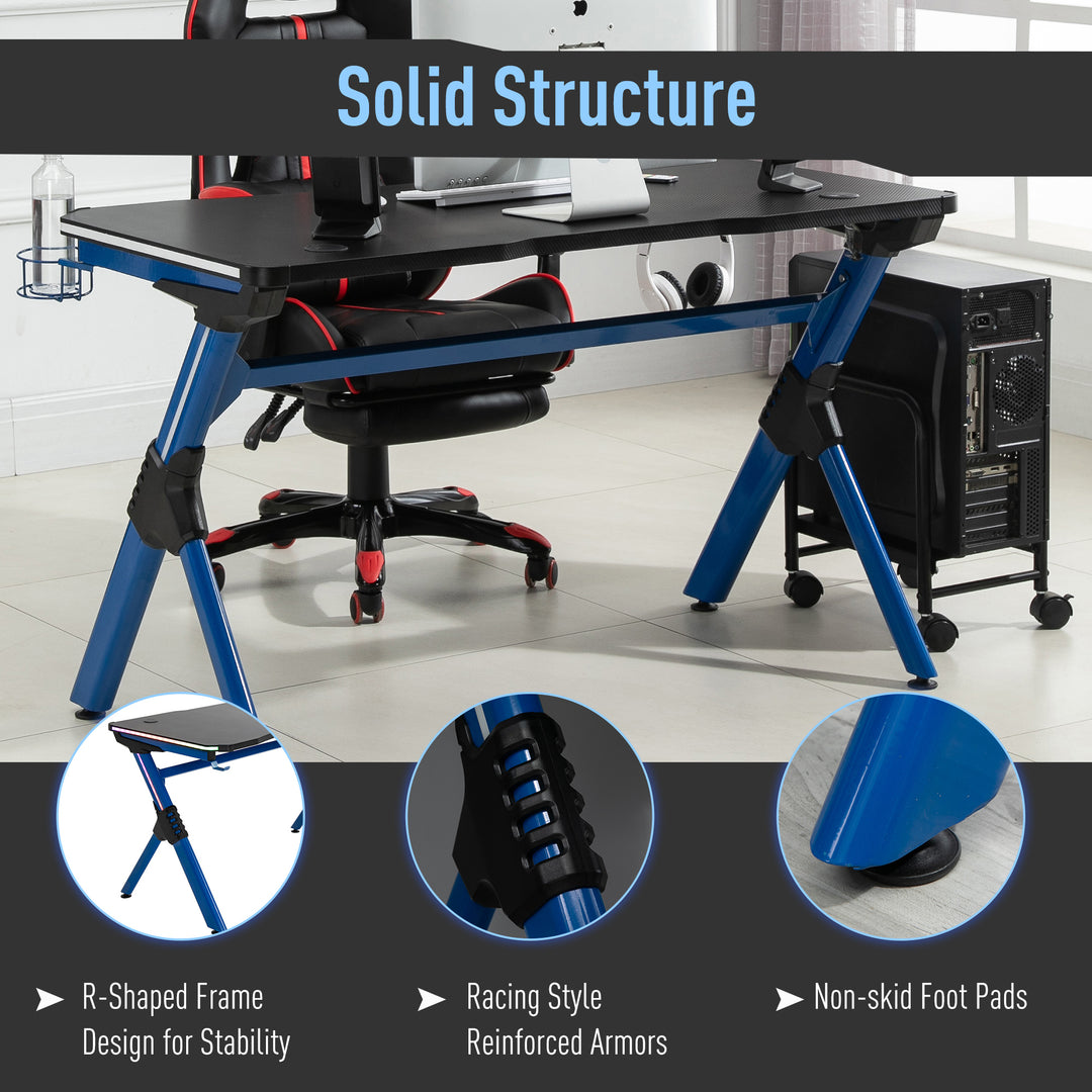 Gaming Desk with RGB LED Lights Racing Style Gaming Table with Cup Holder, Cable Management, Blue