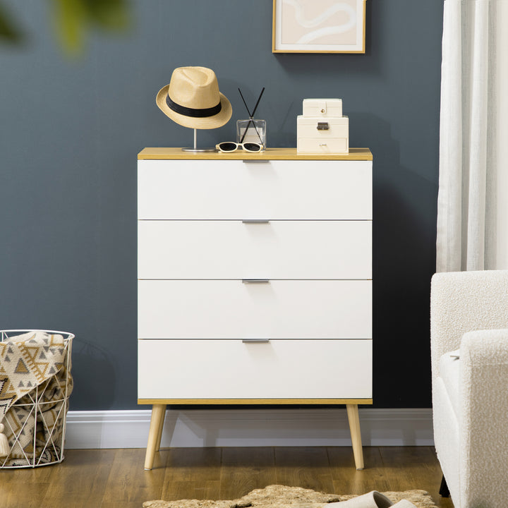 HOMCOM Chest of Drawers, 4-Drawer Storage Organiser Unit with Pine Wood Legs for Bedroom, Living Room, White and Natural