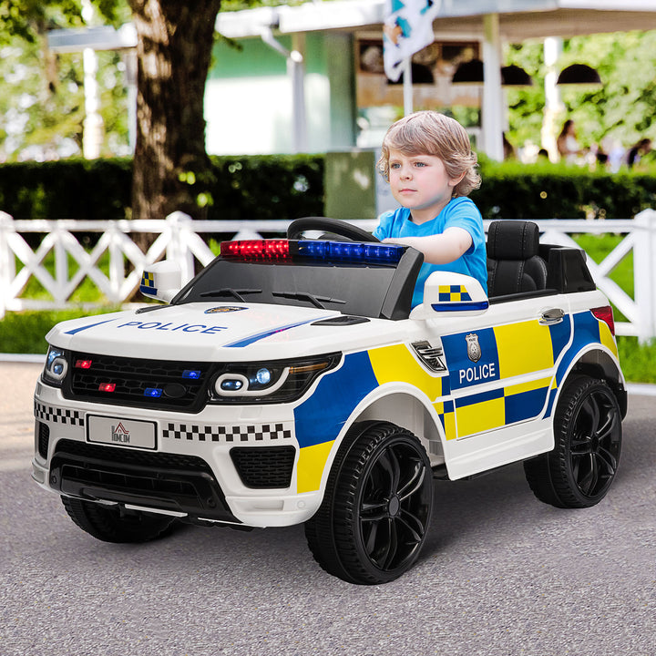 12V Kids Portable Electric Ride On Police Car with Parental Remote Control Siren Flashing Lights USB Bluetooth for 3-6 Years White