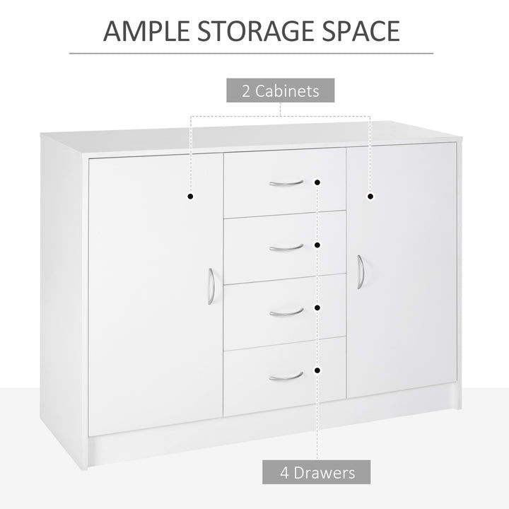 Sideboard, Storage Cabinet with 2 Doors and 4 Drawers, Free Standing Cupboard, Chest Organizer for Kitchen and Living Room, White