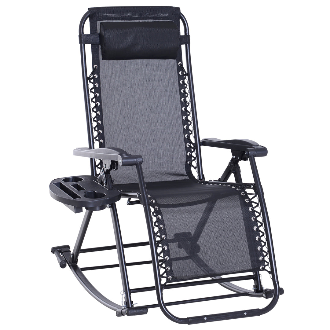 Rocking Chair Folding Recliner Outdoor with Headrest Side Holder Patio Deck - Black
