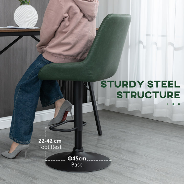 Set of 2 Retro Bar stools With Backs , Adjustable Kitchen Stool, Upholstered Bar Chairs with Back, Swivel Seat, Dark Green