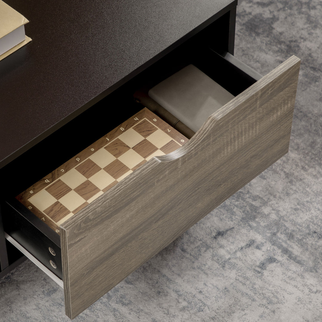 Coffee Table, Modern Tea Table with Open Storage Shelves, Two Drawers and Solid Wood Legs, Coffee Tables for Living Room, Bed Room, Black
