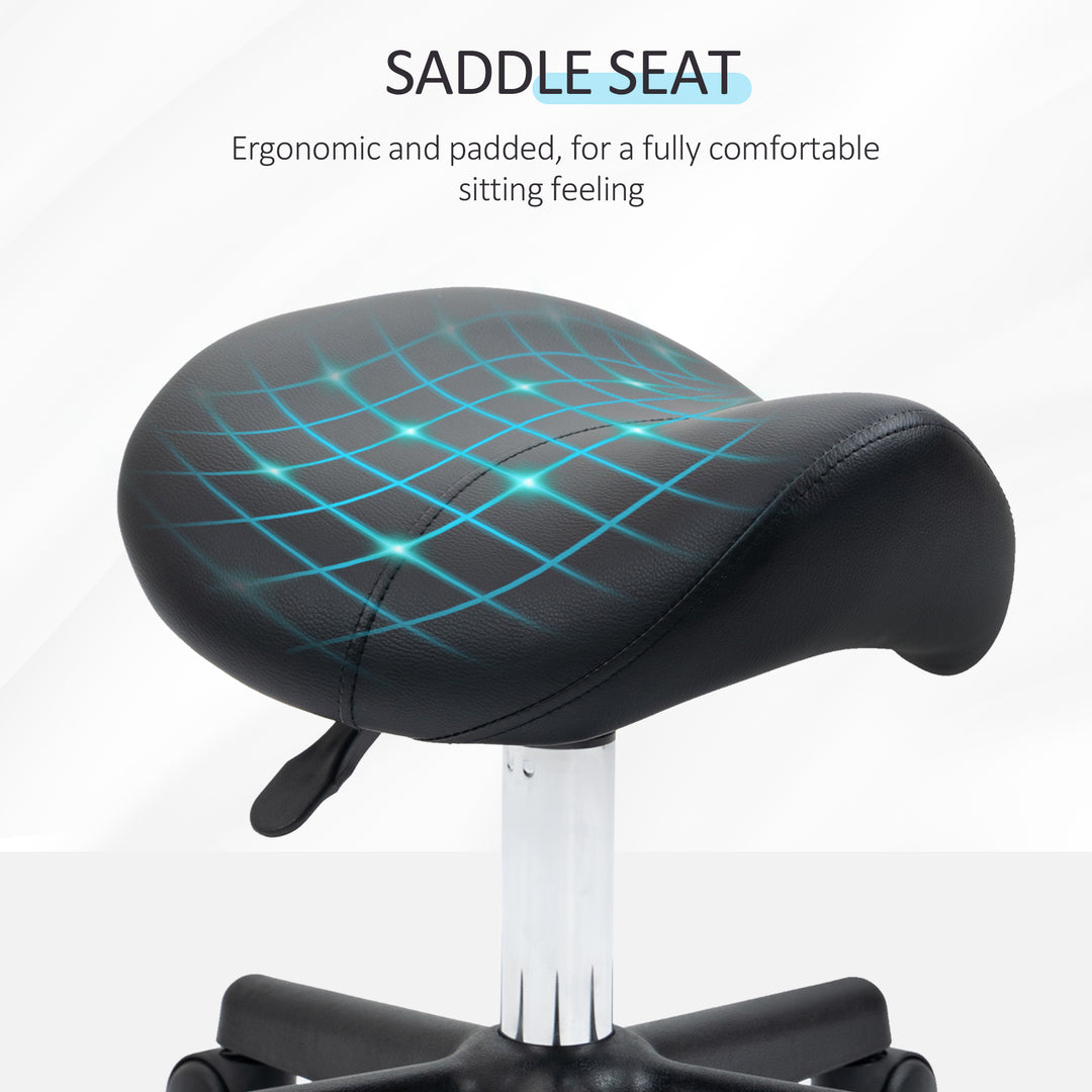 Saddle Stool, PU Leather Adjustable Rolling Salon Chair with Steel Frame for Massage, Spa, Beauty and Tattoo, Black