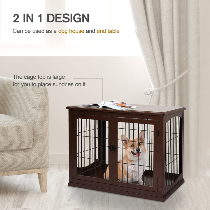 66cm Modern Indoor Pet Cage w/ Metal Wire 3 Doors Latches Base Small Animal House Tabletop Crate Decorative Stylish Brown