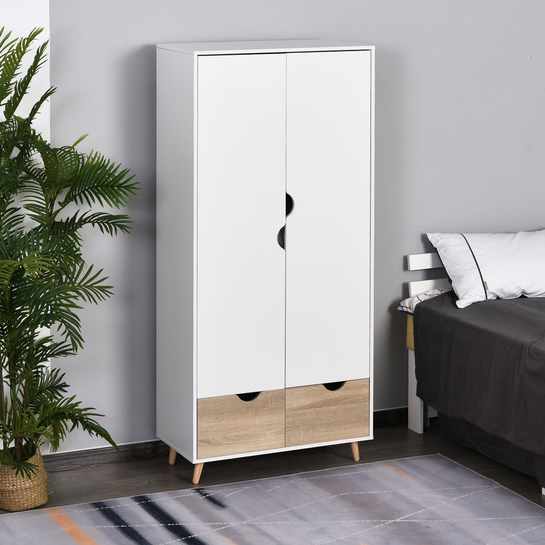 HOMCOM 2-Door Clothes Wardrobe w/ Rail Shelf 2 Drawers Wood Feet Elegant Home Storage Organisation Furniture Dresses Coats Blankets Shoes White