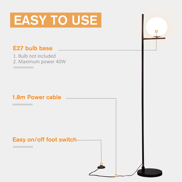 Modern Floor Lamp Metal Frame Sphere Light w/ Pedal Switch Unique Standing Beautiful Furnishing for Home Office Living Room, Black