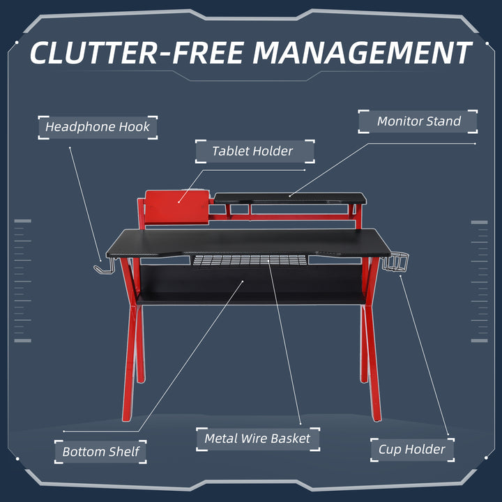 Gaming Desk Computer Table Stable Metal Frame Adjustable Feet w/ Cup Holder Headphone Hook, Cable Basket - Red