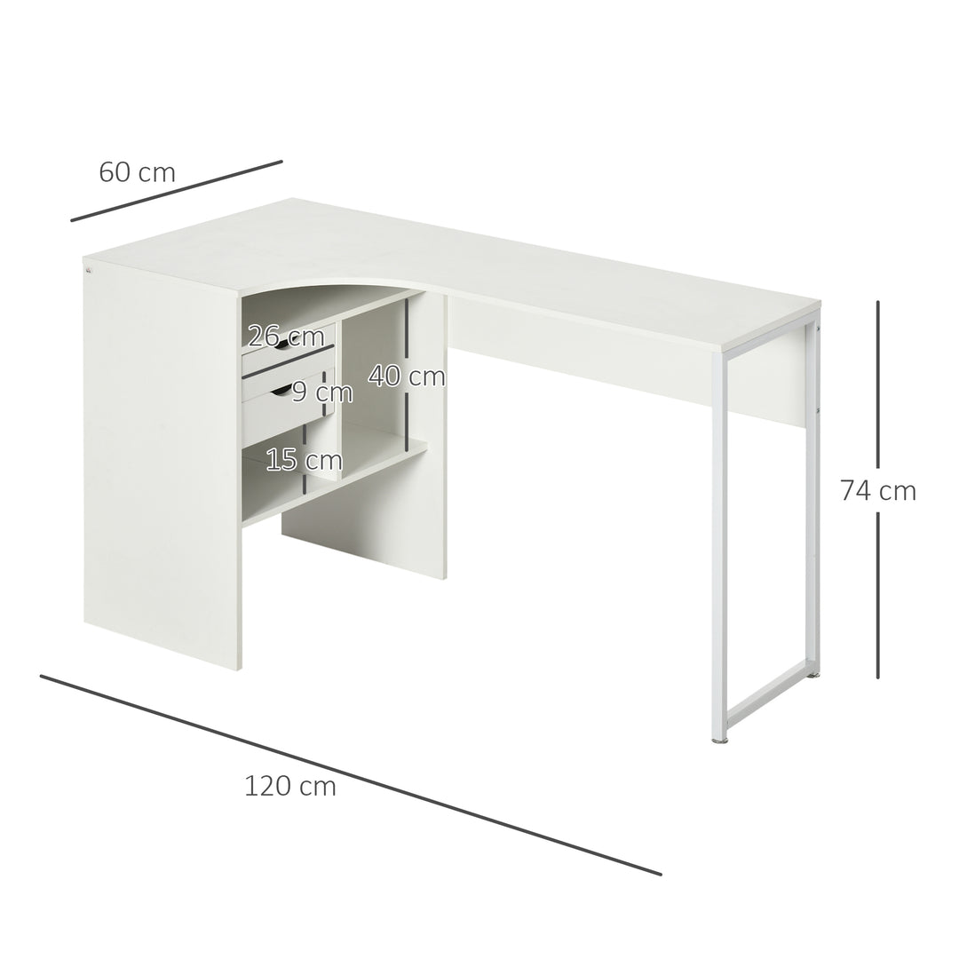 HOMCOM L-Shaped Corner Computer Desk Study Table PC Work w/ Storage Shelf Drawer Smooth Slide Office Home Workstation Space Saving - White