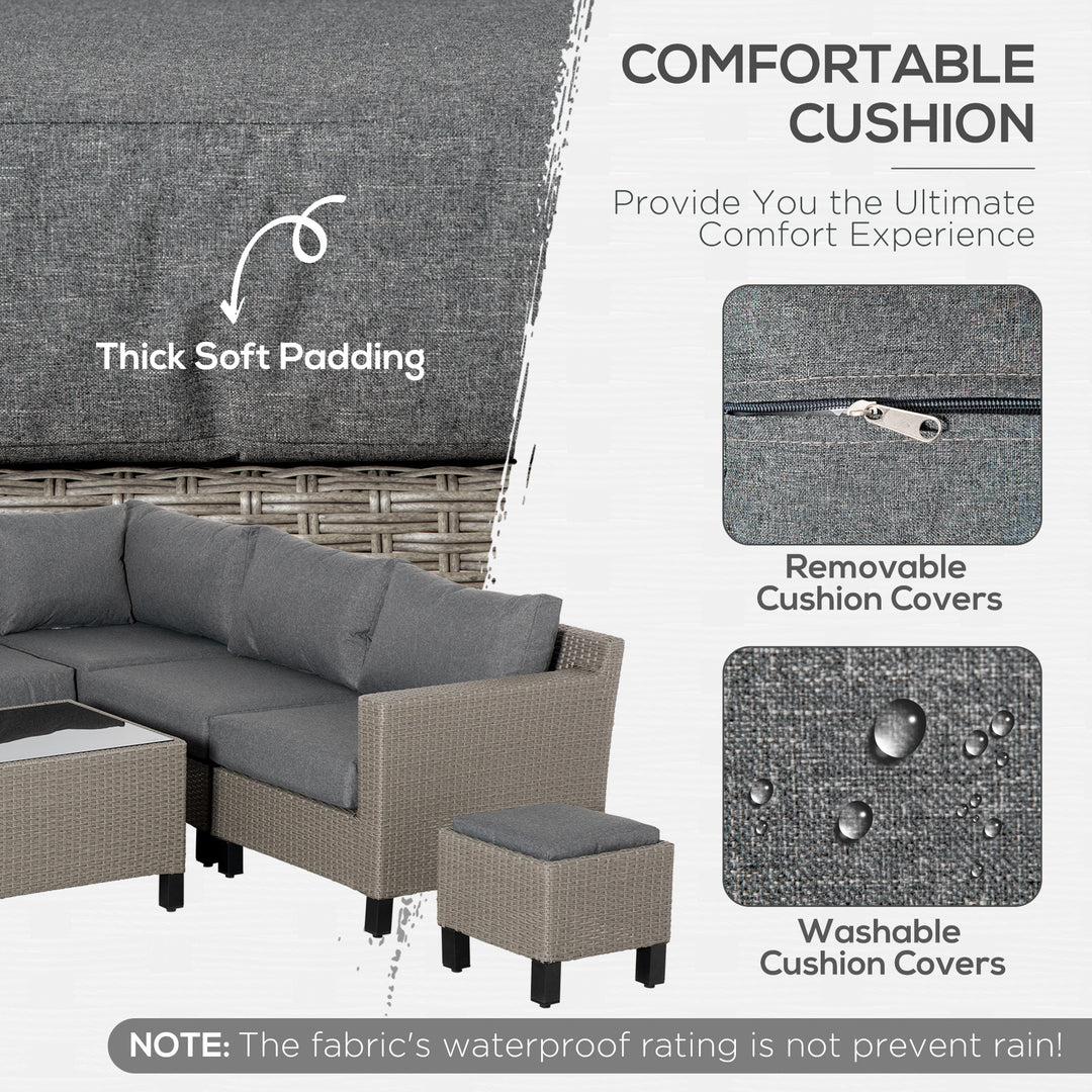 Outsunny 7-Seater PE Rattan Sofa Set Wicker Garden Furniture Patio Conservatory Corner Sofa, w/ Tempered Glass Coffee Table &amp; Cushions, Grey