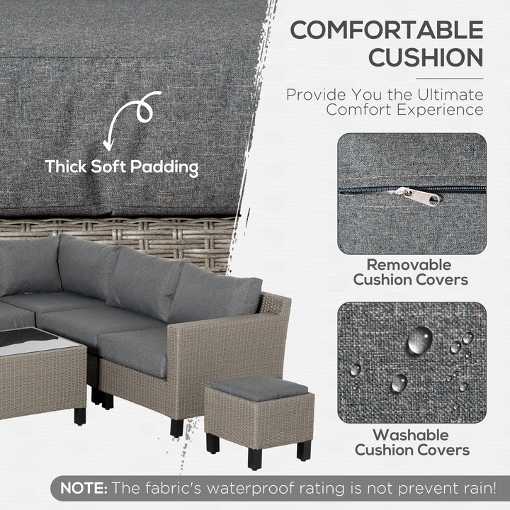 Outsunny 7-Seater PE Rattan Sofa Set Wicker Garden Furniture Patio Conservatory Corner Sofa, w/ Tempered Glass Coffee Table &amp; Cushions, Grey