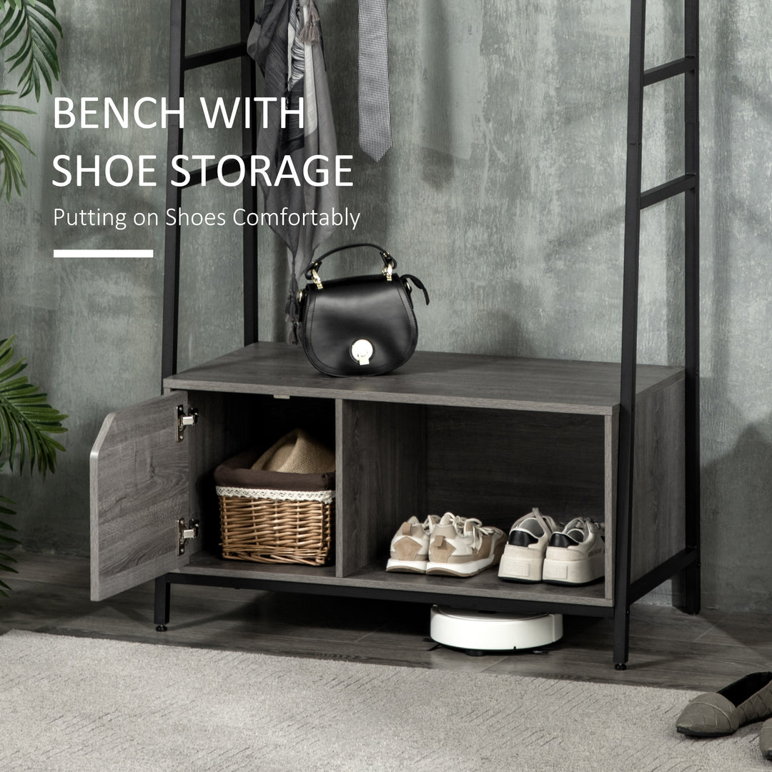 Coat Rack Stand, Shoe Bench with 5 Hooks and Storage Cabinet, Freestanding Metal Frame Hall Tree for Hallway, Grey