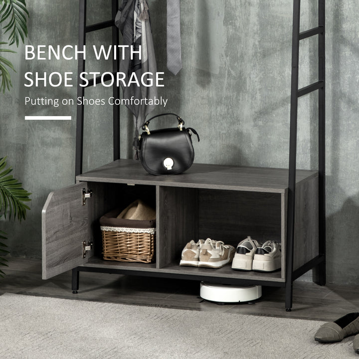 Coat Rack Stand, Shoe Bench with 5 Hooks and Storage Cabinet, Freestanding Metal Frame Hall Tree for Hallway, Grey