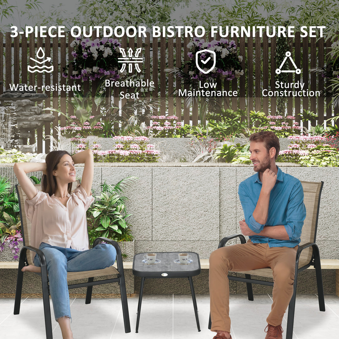 3 Pieces Outdoor Bistro Set, Patio Stackable Armchairs with Breathable Mesh Fabric and PSC Board Coffee Table, Brown