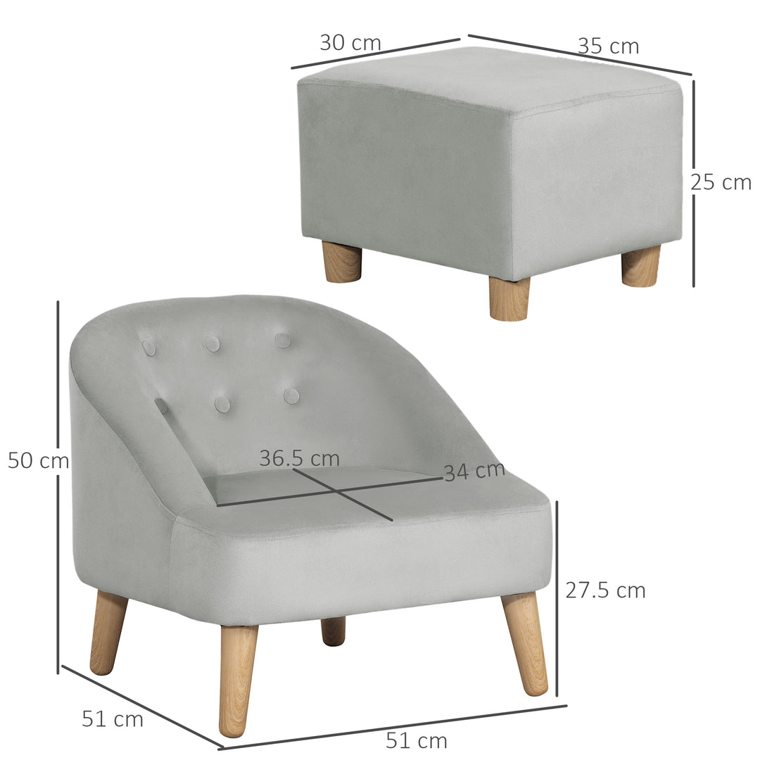 Toddler Chair, 2pcs Kids Sofa Set, Sofa &amp; Ottoman for Bedroom, Playroom, Boys and Girls, 3-5 years old, Grey