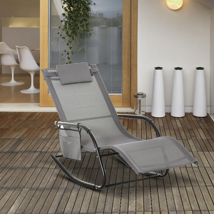 Breathable Mesh Rocking Chair Patio Rocker Lounge for Indoor &amp; Outdoor Recliner Seat w/ Removable Headrest for Garden and Patio Grey