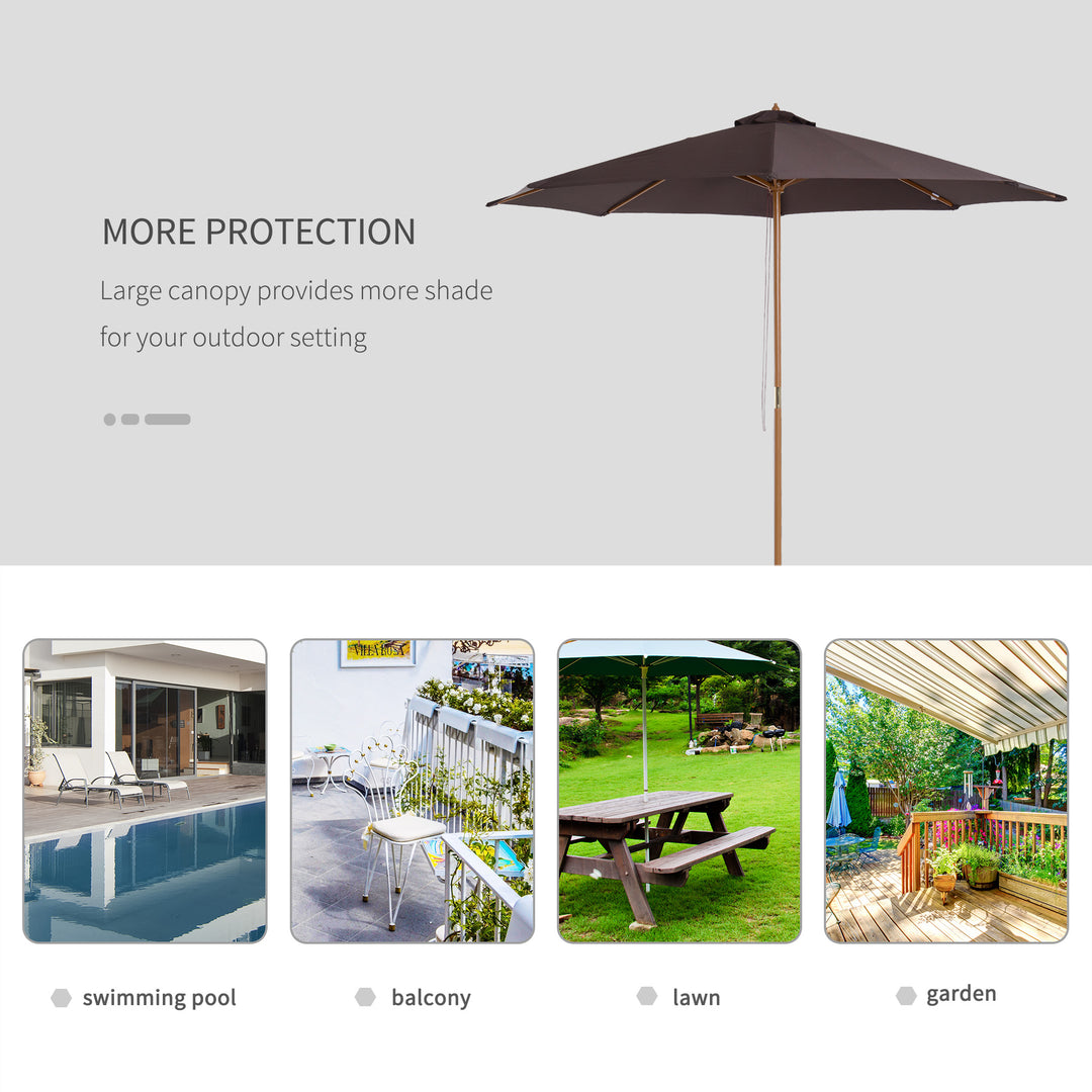 Outsunny ⌀3m Bamboo Wooden Market Patio Umbrella Garden Parasol Outdoor Sunshade Canopy, 8-ribs,Coffee