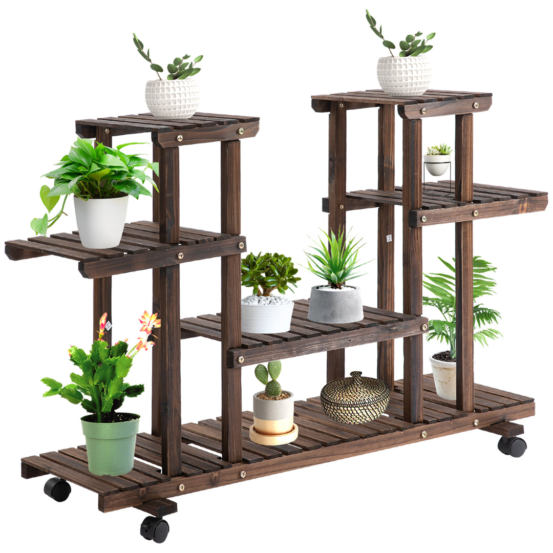 4-Tier Floor-standing Flower Rack Wood Plant Stand For Indoor & Outdoor Garden Balcony w/ Wheels & Handle 123.5L x 33W x 80H cm, 8 Pots