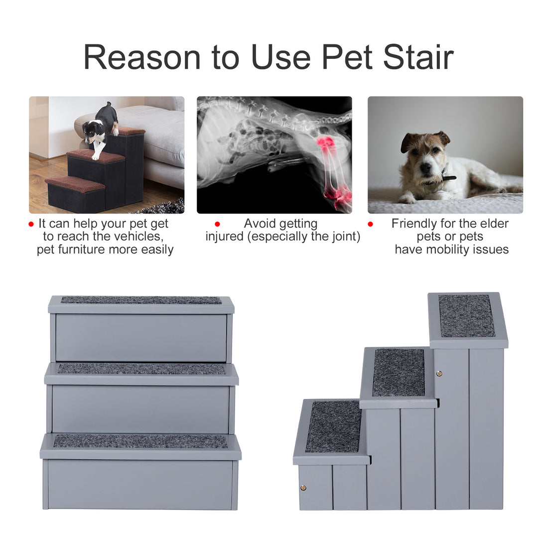 PawHut 3 Step Wooden Pet Stairs Steps Dog Stairs Carpet Non Slip Grey