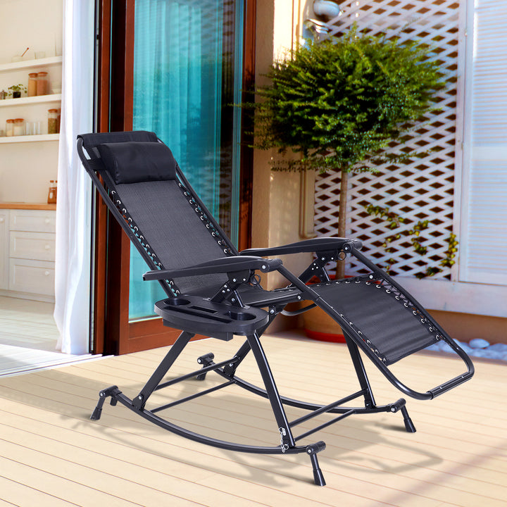 Rocking Chair Folding Recliner Outdoor with Headrest Side Holder Patio Deck - Black