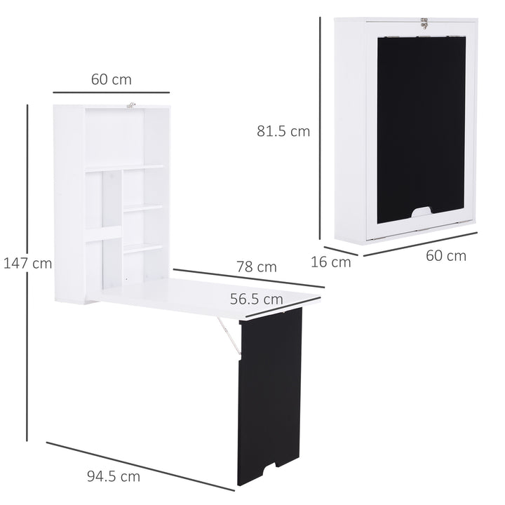 Folding Wall-Mounted Drop-Leaf Table With Chalkboard Shelf multifunction White