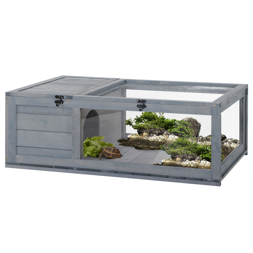 Tortoise House with Mesh Roof, Small Pet Reptile Wooden House, Tortoise Enclosure with Pulled-out Side Panel for Indoor, Outdoor, Grey