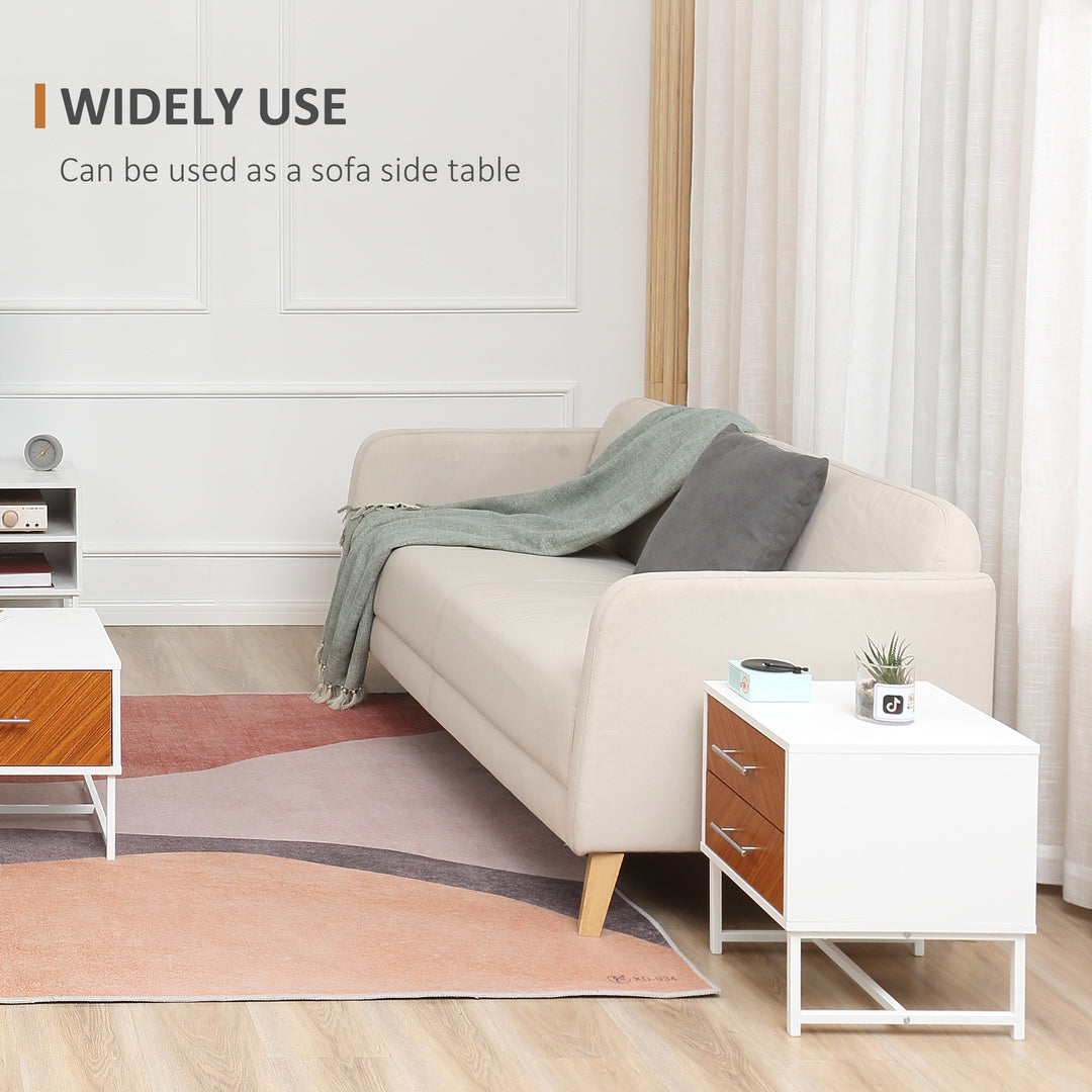 Bedside Table with 2 Drawers and Metal Frame, Sofa Side Table for Bedroom Living Room, White and Brown