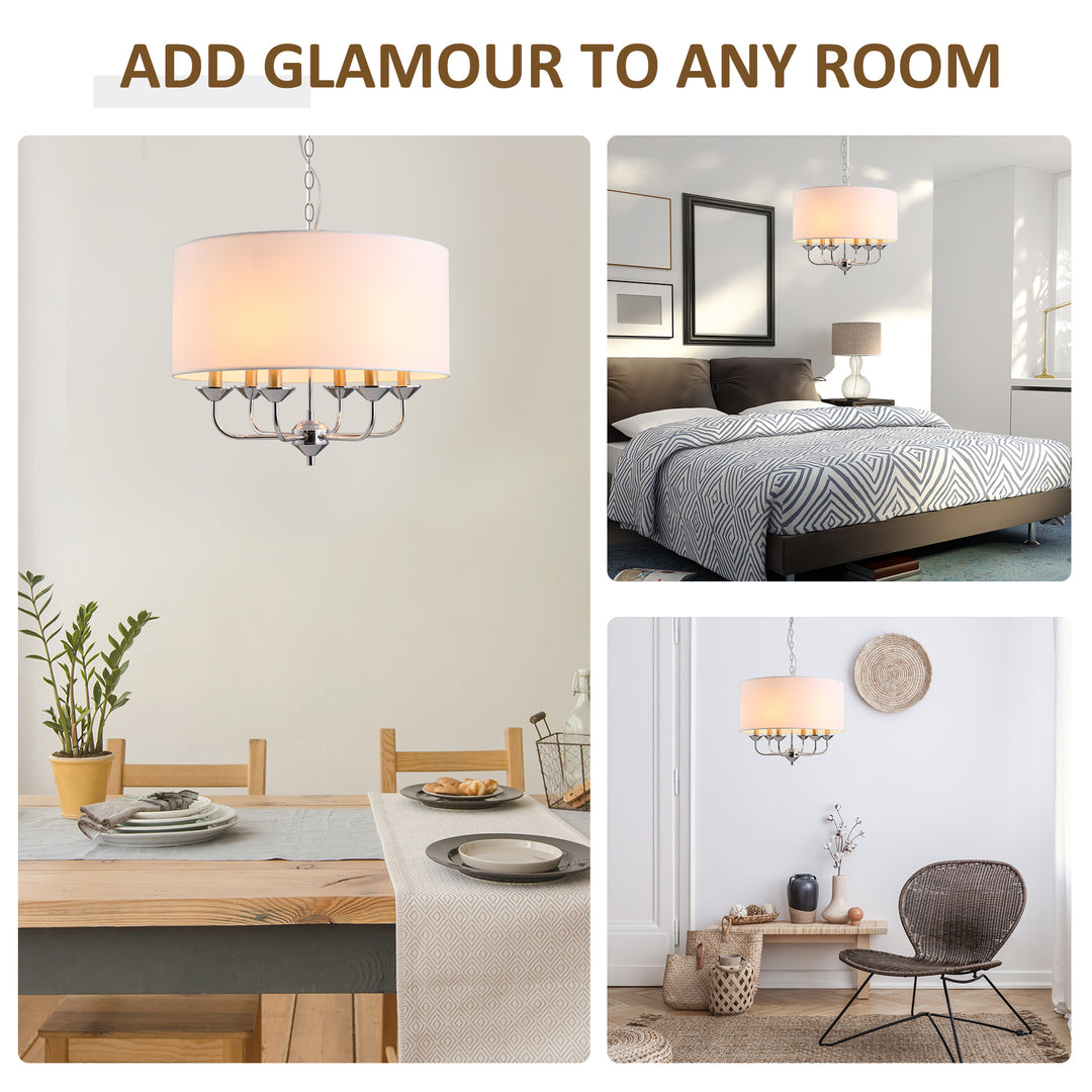 Modern Chandelier Candle Pendant Light Fabric Lampshades with Adjustable Hanging Chain for Living Room, Dining Room, Kitchen, White