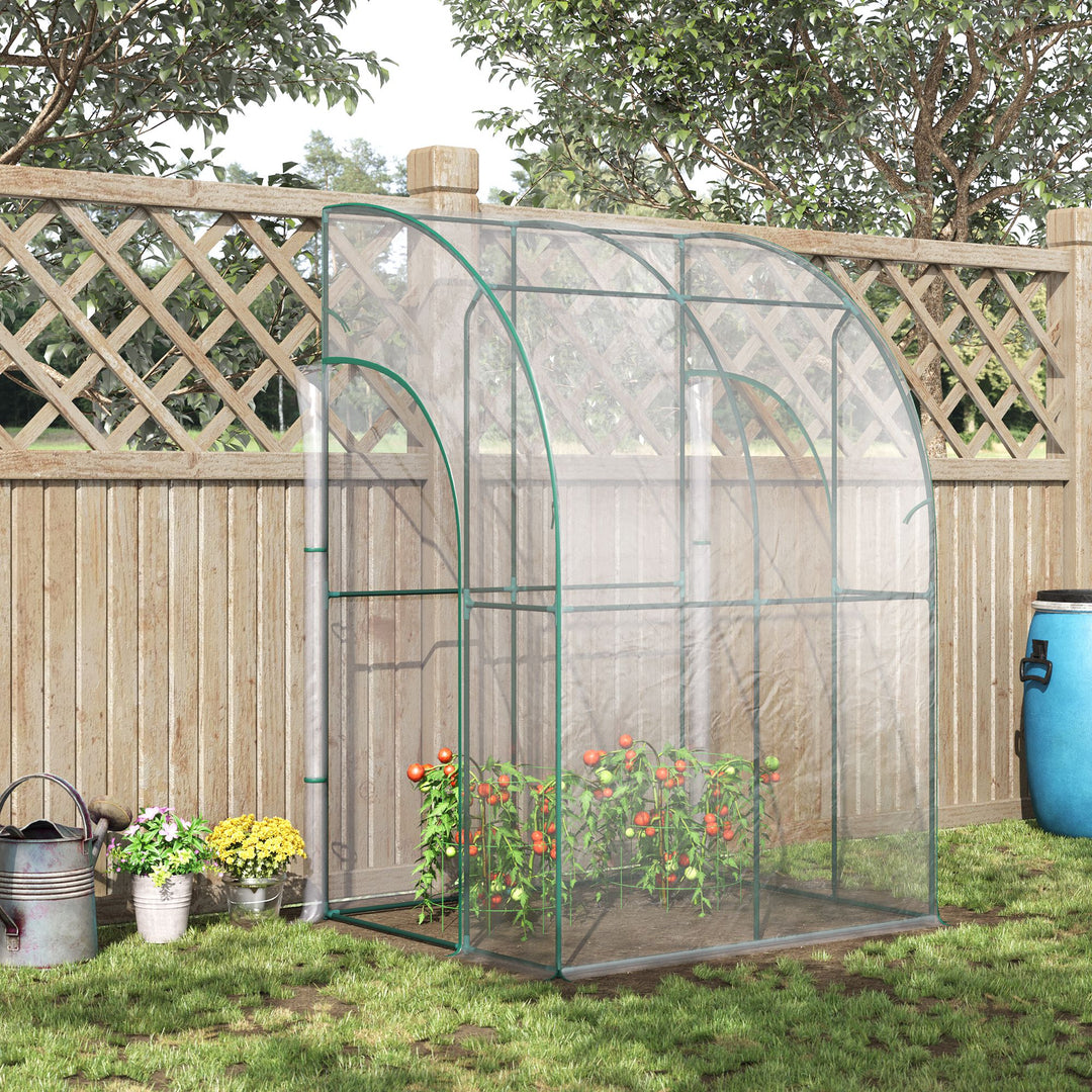 Outsunny Walk-In Greenhouse Lean to Wall Tunnel Greenhouse with Zippered Roll Up Door PVC Cover Sloping Top, 143 x 118 x 212 cm