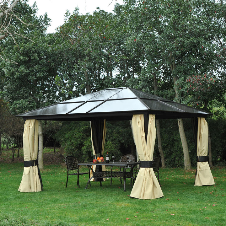 Outsunny 4 x 3.6(m) Hardtop Gazebo Canopy with Polycarbonate Roof and Aluminium Frame, Garden Pavilion with Mosquito Netting and Curtains