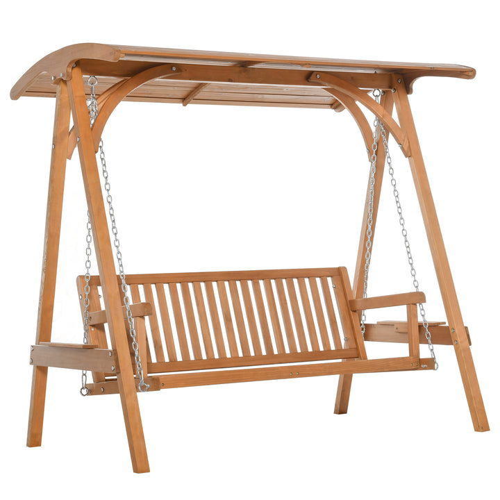 3-Seater Larch Wood Garden Swing Chair Bench Hammock Lounger with Wooden Canopy, Teak