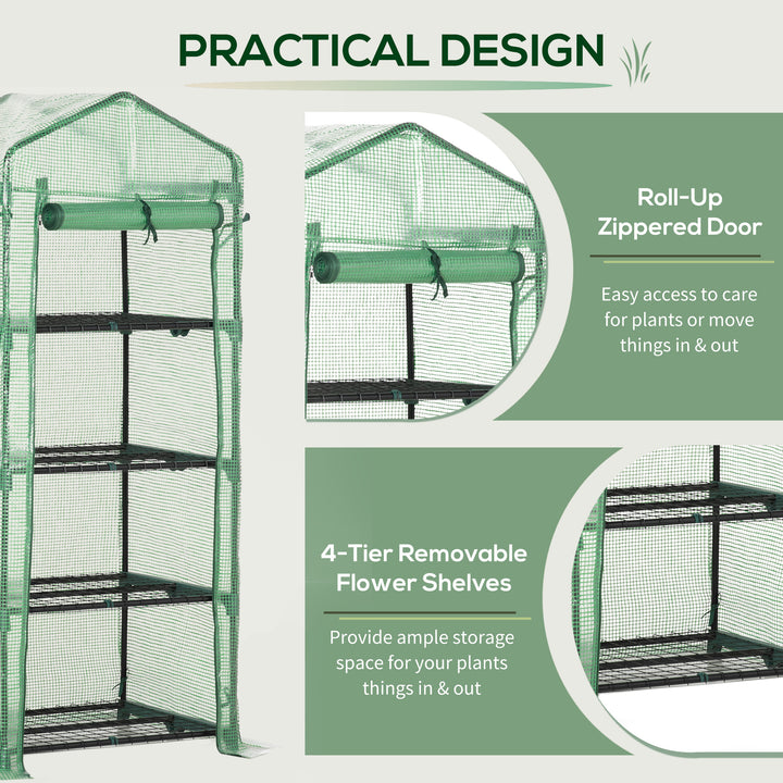Outsunny 4 Tier Mini Greenhouse, Portable Green House with Steel Frame, PE Cover, Roll-up Door, 70 x 50 x 160 cm, Green
