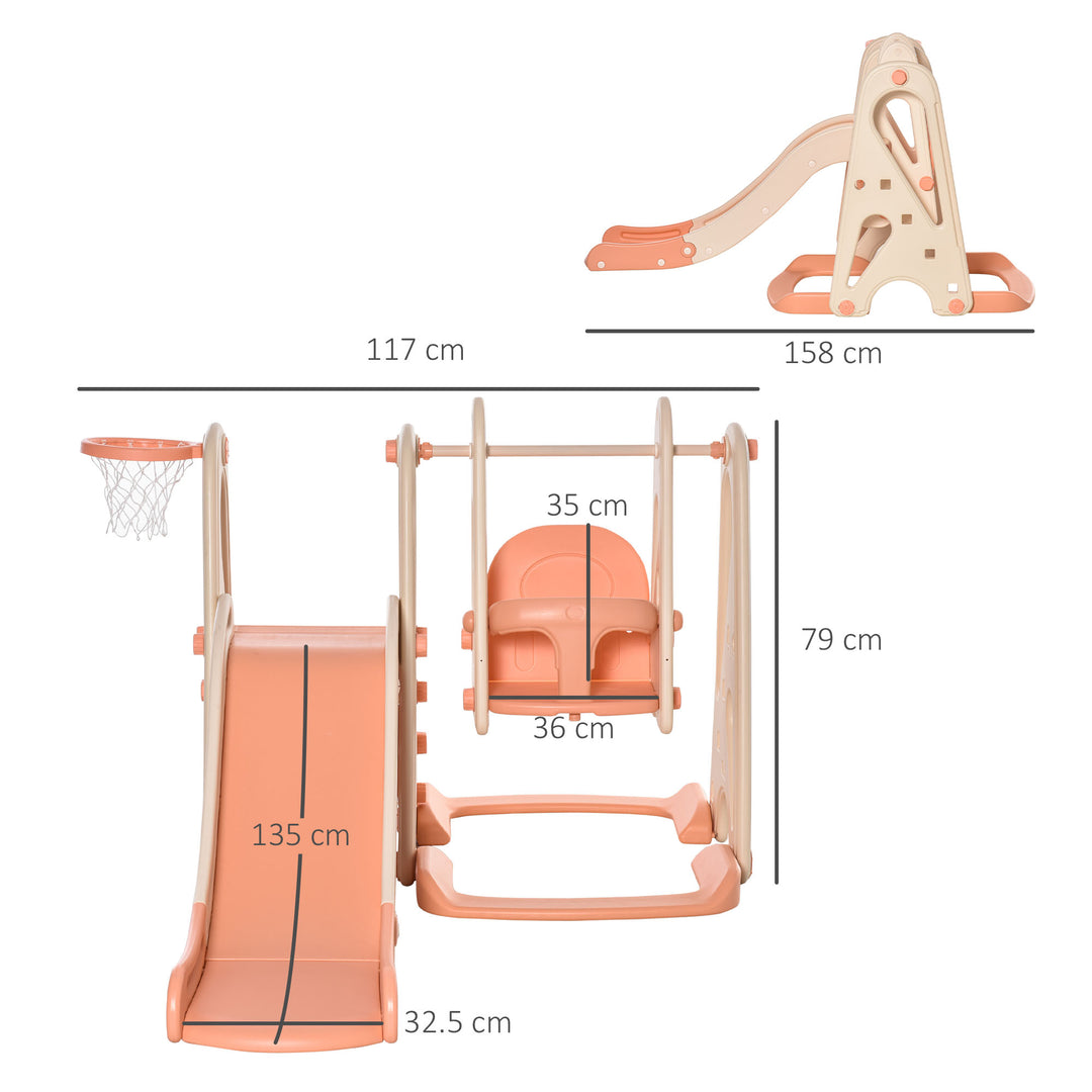 3 in 1 Design Kids Swing and Slide Set with Basketball Hoop Toddler Playground Play Set Fun Climber Set Activity Center Play Equipment Pink