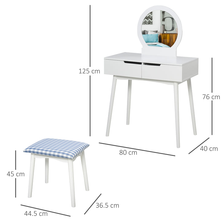 Dressing Table &amp; Stool Set w/ Drawers Mirror Modern Elegant Vanity Makeup Padded Seat Home Bedroom Beauty Furniture White