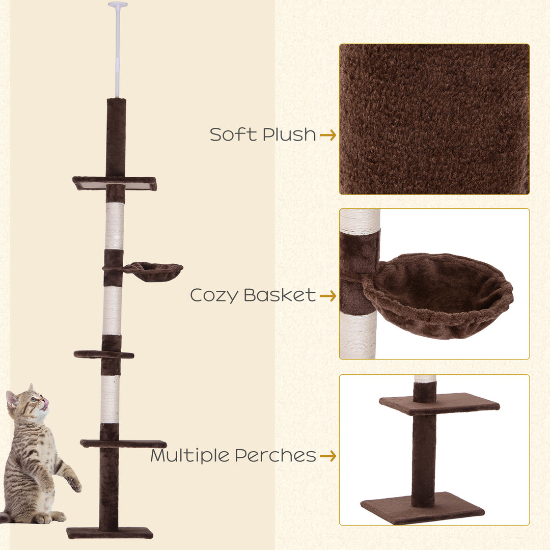 PawHut Floor to Ceiling Cat Tree for Indoor Cats 5-Tier Kitty Tower Climbing Activity Center Scratching Post Adjustable Height 230-260 cm Brown