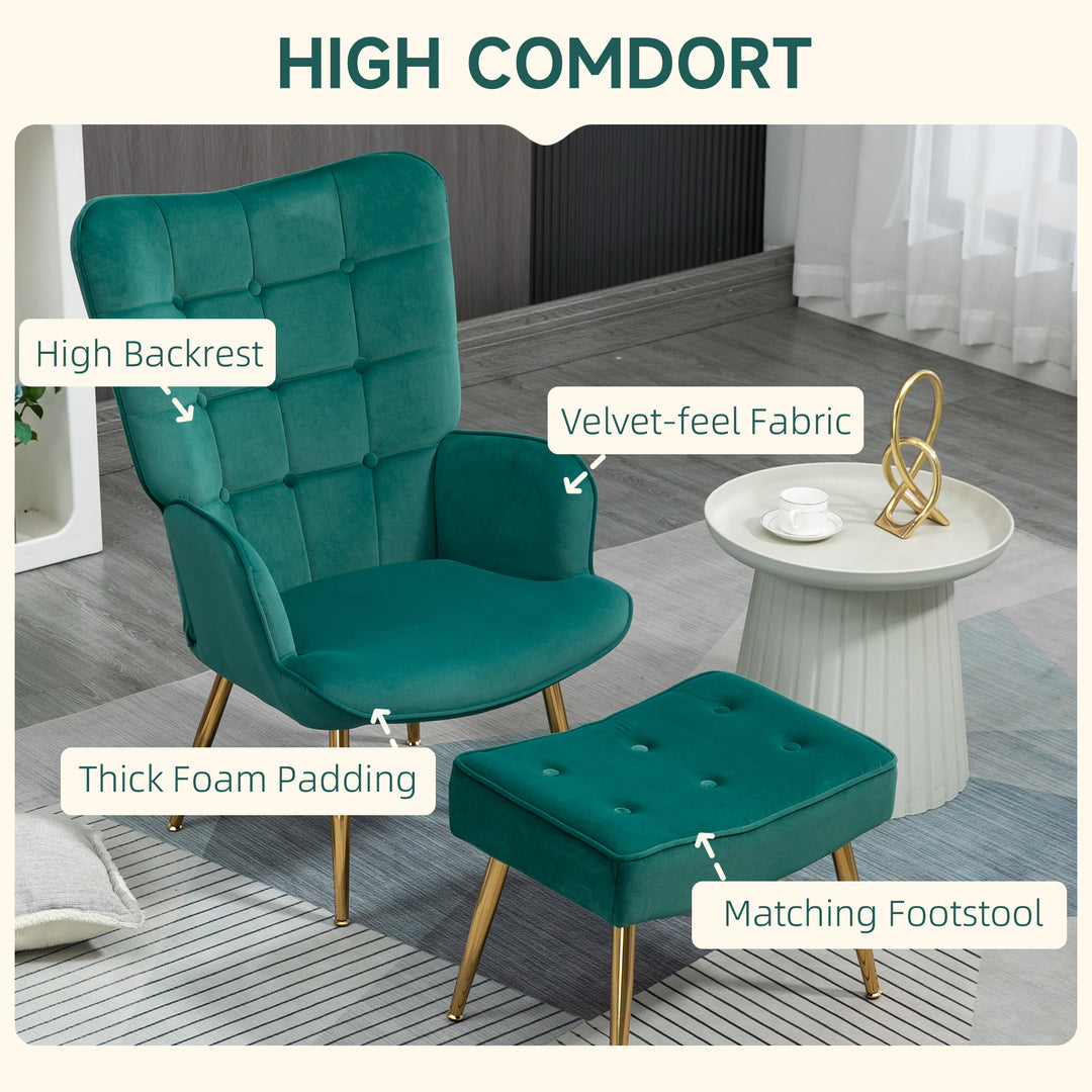 Upholstered Armchair with Footstool Set, Modern Button Tufted Accent Chair with Gold Tone Steel Legs, Wingback Chair for Living Room, Bedroom, Home Study, Dark Green