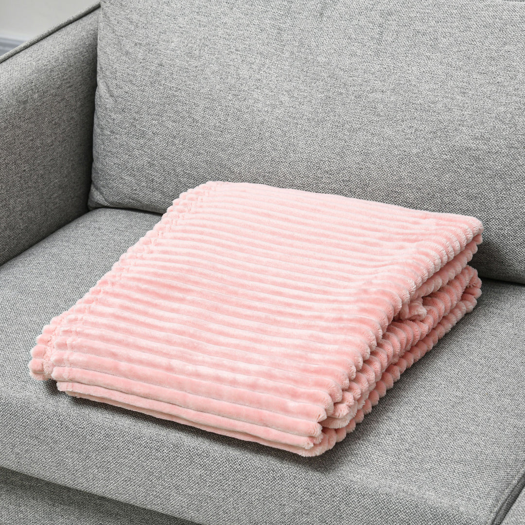 Flannel Fleece Throw Blanket, Fluffy Warm Throw Blanket, Striped Reversible Travel Bedspread, Double Size, 203 x 153cm, Pink