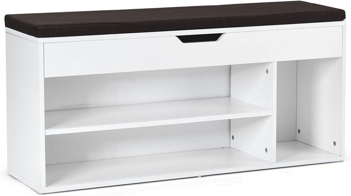 Shoe Bench with Hidden Compartment and Open Shelves-White