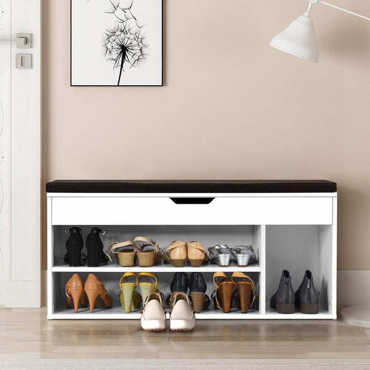 Shoe Bench with Hidden Compartment and Open Shelves-White