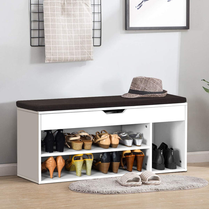 Shoe Bench with Hidden Compartment and Open Shelves-White