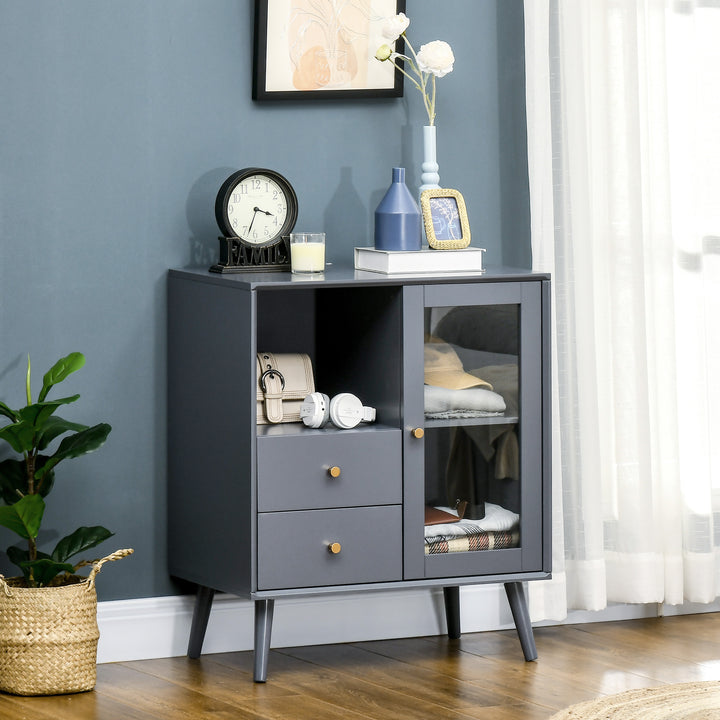 Modern Sideboard, Storage Cabinet with Glass Door Cupboard, 2 Drawers, Bedside Table for Bedroom, Living Room, Grey