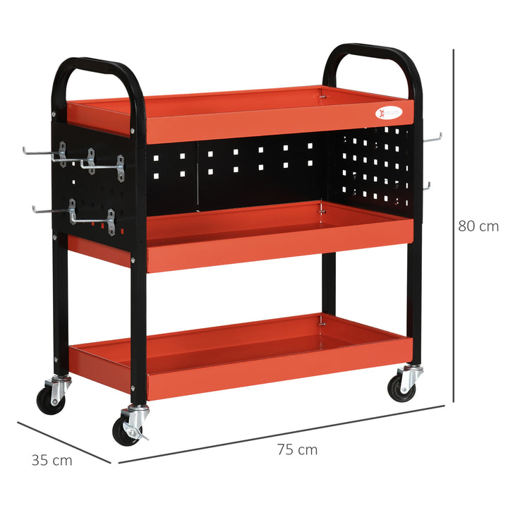 DURHAND 3 Tier Shelf Tool Cart Storage Trolley Wheel Cart for Garage Workshop Warehouse DIY Tool with 10 Hooks 100 kg Red