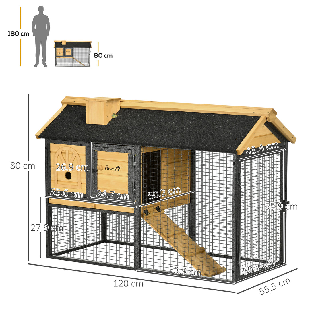 PawHut Rabbit Hutch Outdoor Bunny Cage with Run, Removable Tray, Ramp, Small Animal House, 120 x 55.5 x 80 cm