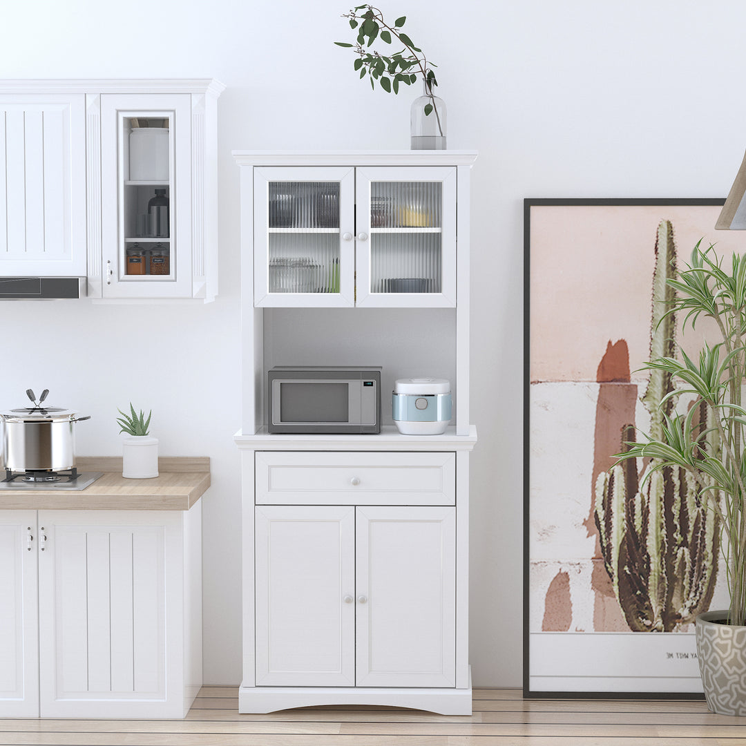 Kitchen Cupboard, Freestanding Storage Cabinet with Glass Doors, Adjustable Shelves, and Open Counter, White