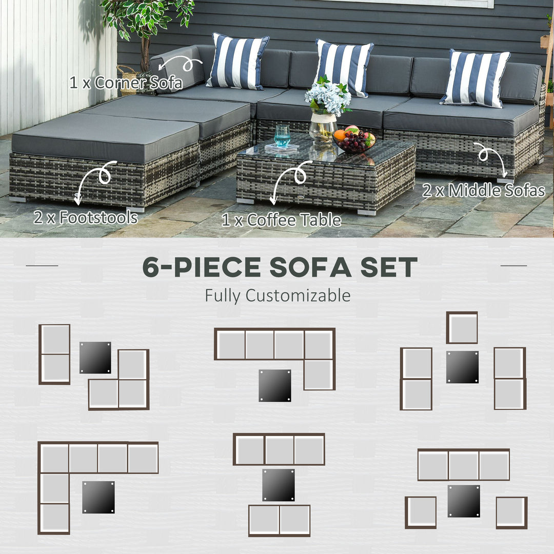 Outsunny 5-Seater Rattan Sofa Coffee Table Set Sectional Wicker Weave Furniture for Garden Outdoor Conservatory w/ Pillow Cushion Grey