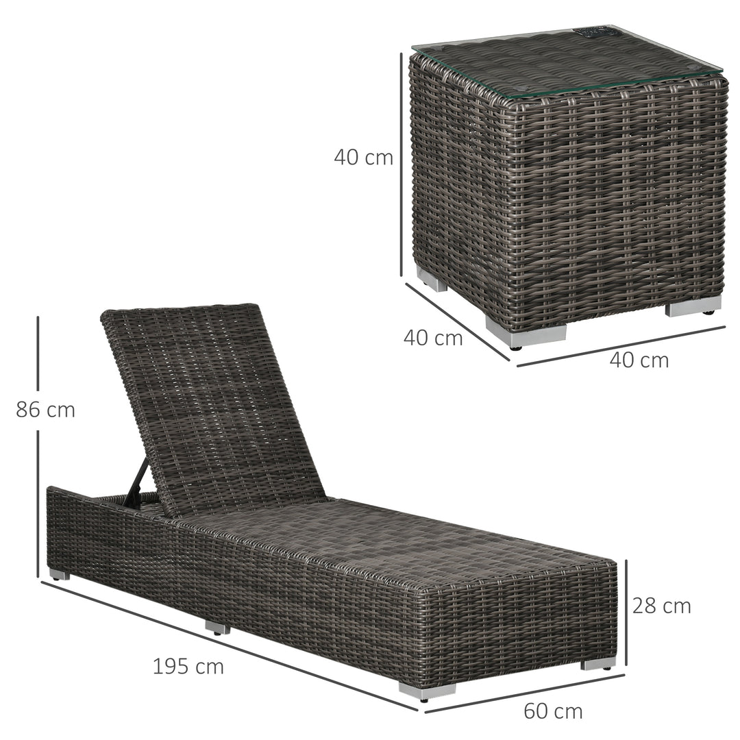 Outsunny 3 Pieces Patio PE Rattan Sun Lounger Set, Adjustable Outdoor Half-Round Wicker Aluminium Recliner Bed w/ Side Table Set, Headrest & Cushions