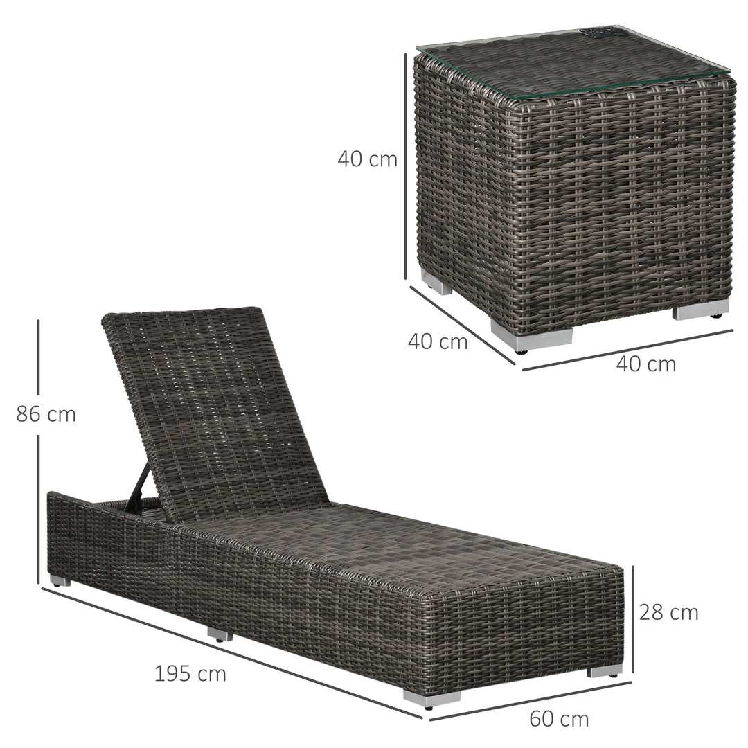 Outsunny 3 Pieces Patio PE Rattan Sun Lounger Set, Adjustable Outdoor Half-Round Wicker Aluminium Recliner Bed w/ Side Table Set, Headrest &amp; Cushions